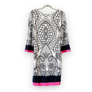 Eliza J Long Sleeve Black and White Geometric Print Dress Hot Pink Trim Size 2